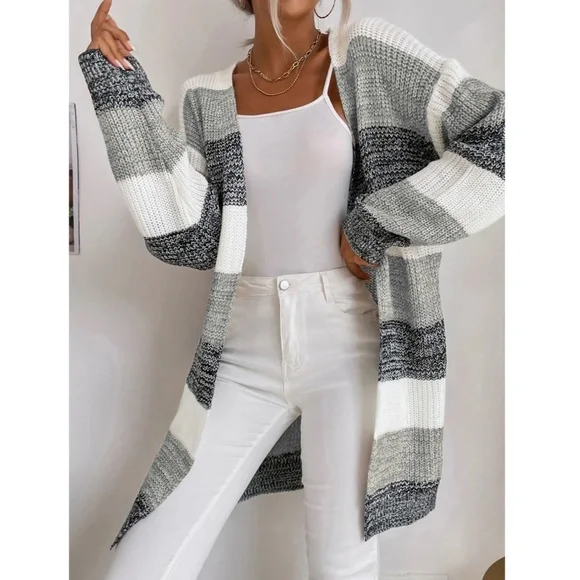 Colorblock Stripes Open Knit Cardigan Knee Length - Picture 2 of 9